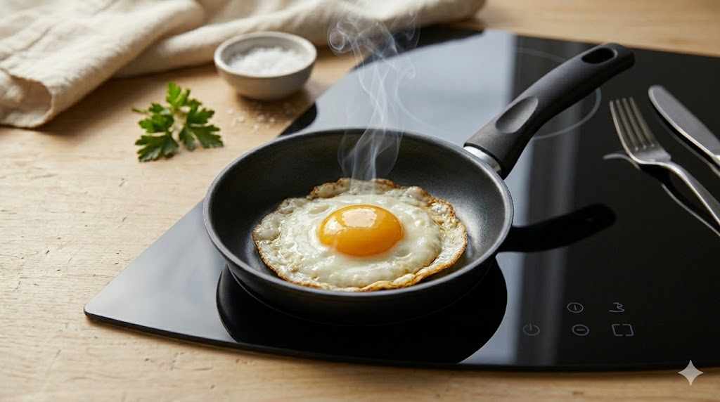 Frigideira com um ovo frito sobre um fogão de indução