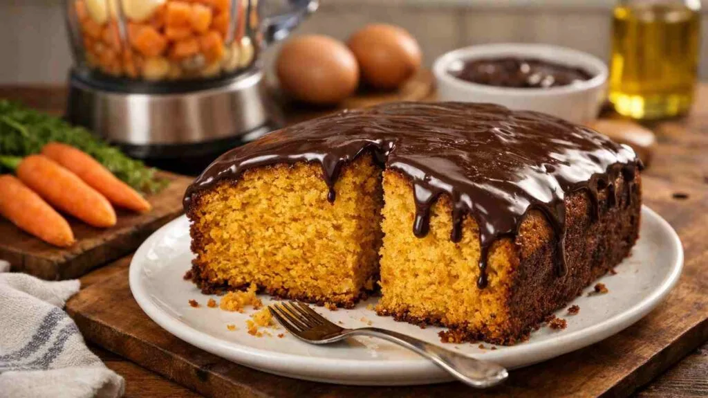 Bolo de cenoura de liquidificador recém-saído do forno sobre prato de louça branca, com cobertura de chocolate brilhante escorrendo pelas laterais ao lado de uma fatia cortada e uma xícara de café em cozinha rústica brasileira.