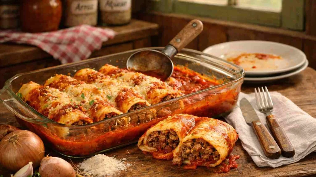 Prato pronto de receita de panqueca simples recheada com carne moída e molho de tomate, finalizada com queijo parmesão ralado e salsinha.