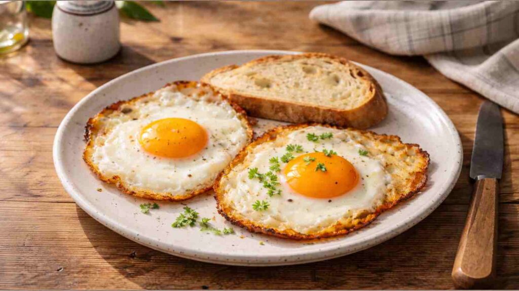 Prato branco com os resultados de diversas receitas de ovos fritos: um com gema mole e bordas crocantes, outro com manteiga derretida e ervas frescas por cima, ao lado de uma torrada.