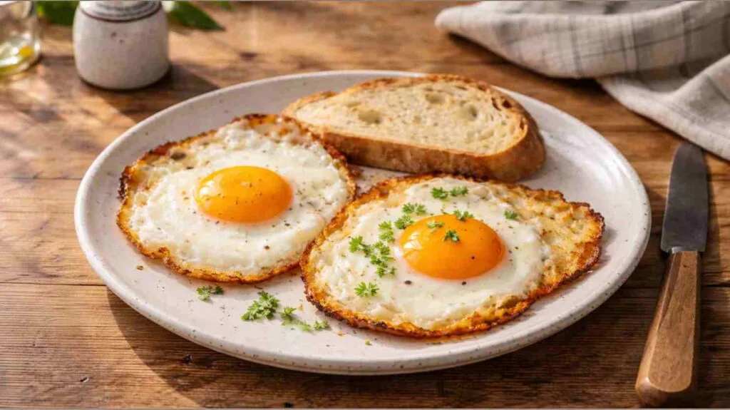 Prato branco com os resultados de diversas receitas de ovos fritos: um com gema mole e bordas crocantes, outro com manteiga derretida e ervas frescas por cima, ao lado de uma torrada.