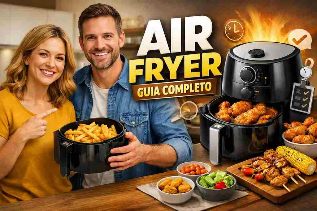 Casal feliz com air fryer e comida