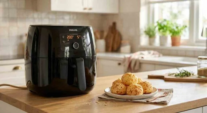Air fryer sobre a mesa, com um prato de pão-de-queijo ao lado. No painel, a indicação de potência e tempo, sugerindo o quanto consome uma air fryer.