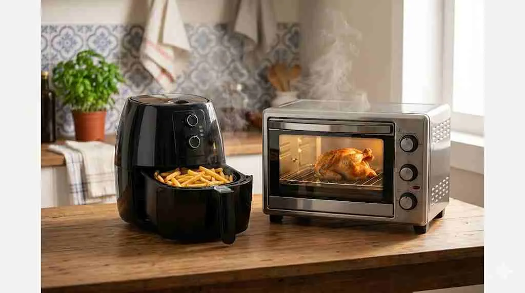 Air fryer vs forno elétrico. Ambos sobre uma mesa de madeira, com alimentos em preparo.