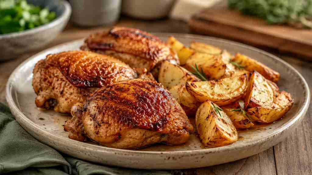 Receitas rápidas na air fryer. Sobrecoxas e batatas rústicas.