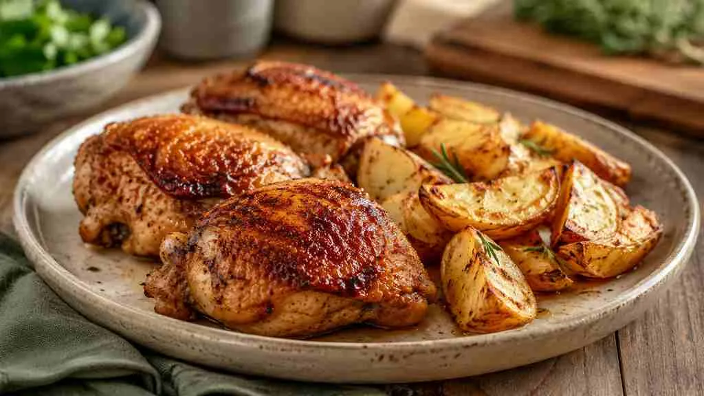 Receitas rápidas na air fryer. Sobrecoxas e batatas rústicas.