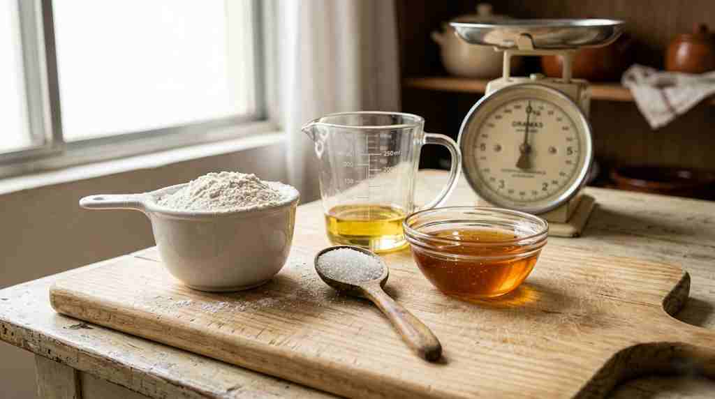 bancada de cozinha rústica com uma xícara de cerâmica branca contendo farinha de trigo levemente transbordando, uma colher de sopa de madeira com açúcar cristal, um pequeno recipiente de vidro transparente com mel dourado e um vidro com óleo vegetal. Uma balança de cozinha analógica simples.