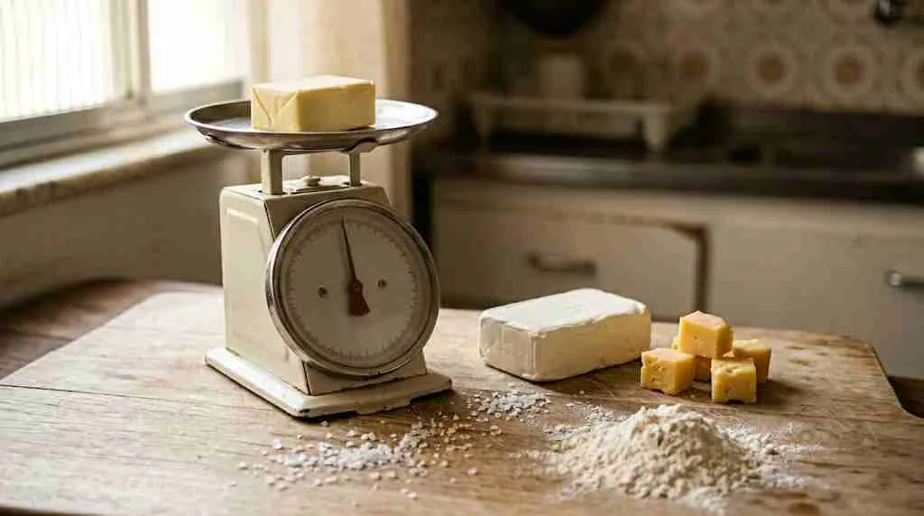 Fotografia editorial de comida em uma cozinha brasileira rústica, destacando uma balança mecânica vintage com manteiga, um bloco de cream cheese, queijo em cubos, farinha e sal grosso sobre uma tábua de corte de madeira.
