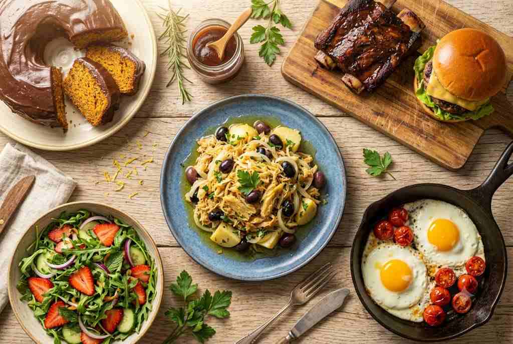 Variedade de receitas caseiras dispostas sobre bancada de madeira rústica: bacalhau à gomes de sá, ovos fritos, hambúrguer artesanal, salada de folhas, bolo de cenoura e molho barbecue caseiro — Caderno do Chef