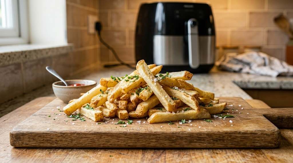 Batatinha frita na air fryer, crocante e dourada, servida sobre tábua de madeira