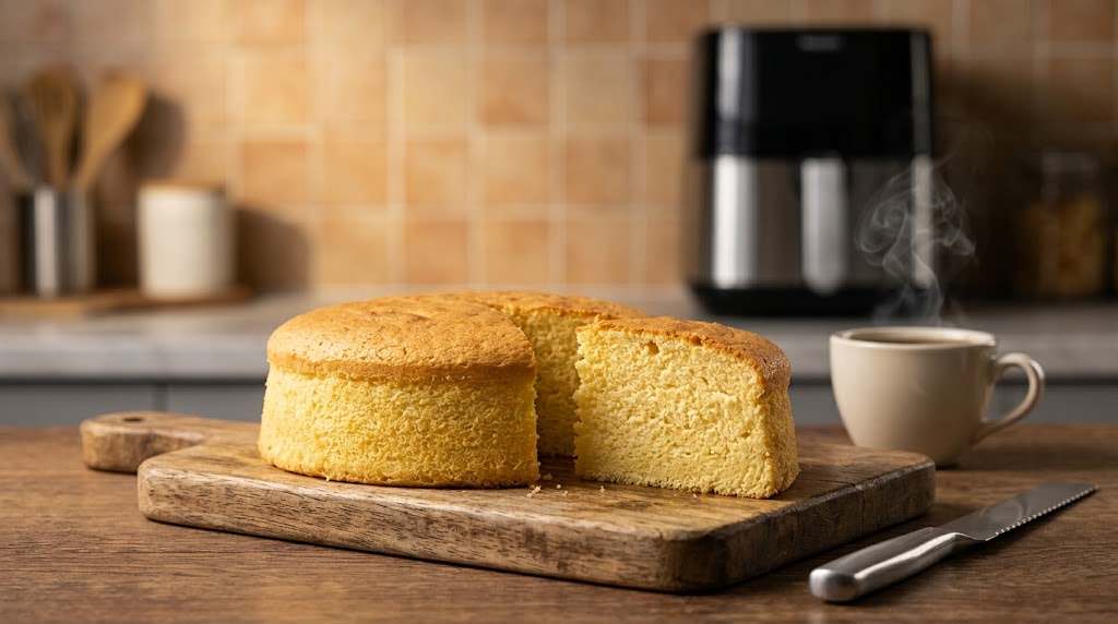 Bolo na air fryer, fofinho e dourado, fatiado sobre tábua de madeira