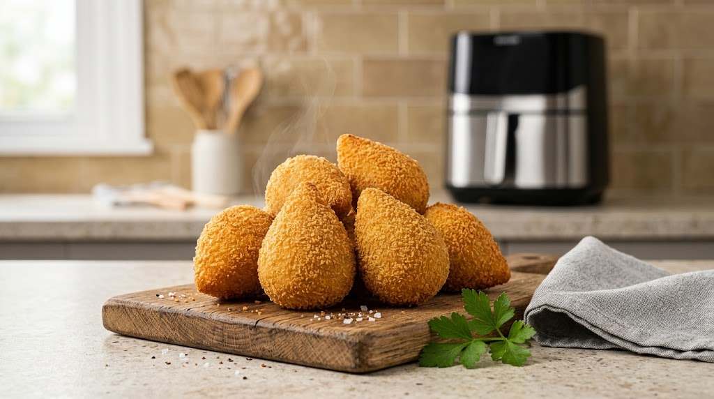 Coxinha de frango na air fryer, dourada e crocante, cortada ao meio mostrando o recheio