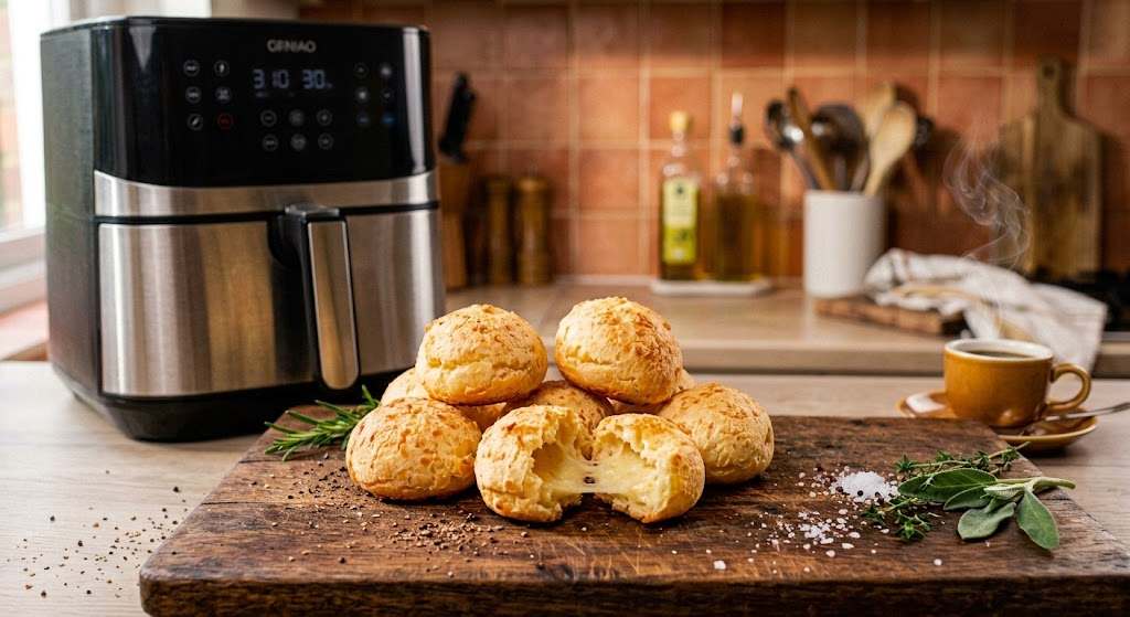 Pão de queijo na air fryer, dourado e crocante, apresentado sobre tábua de corte, tendo uma xícara de café recém preparado ao lado.