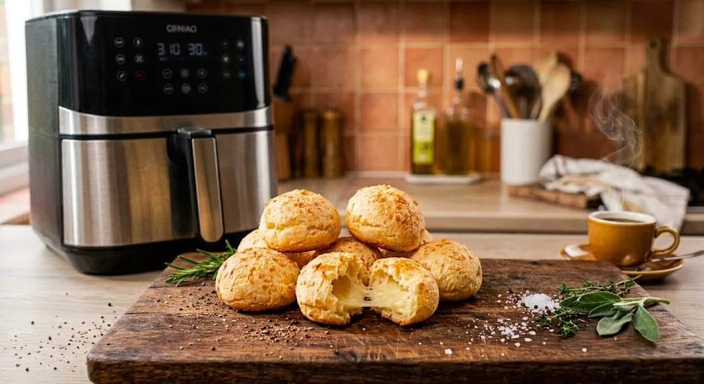 Pão de queijo na air fryer, dourado e crocante, apresentado sobre tábua de corte, tendo uma xícara de café recém preparado ao lado.