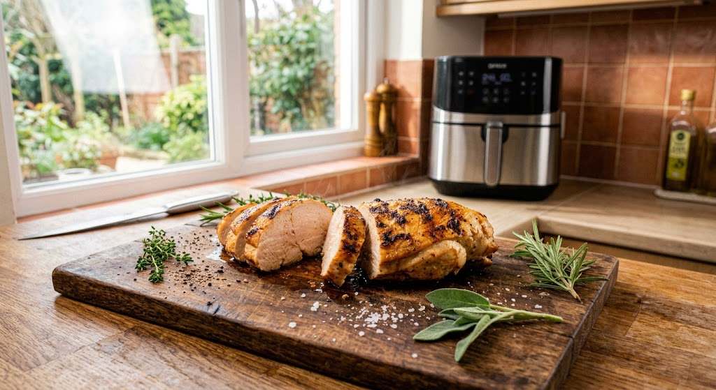 Peito de frango na air fryer, suculento e dourado, fatiado sobre tábua de madeira